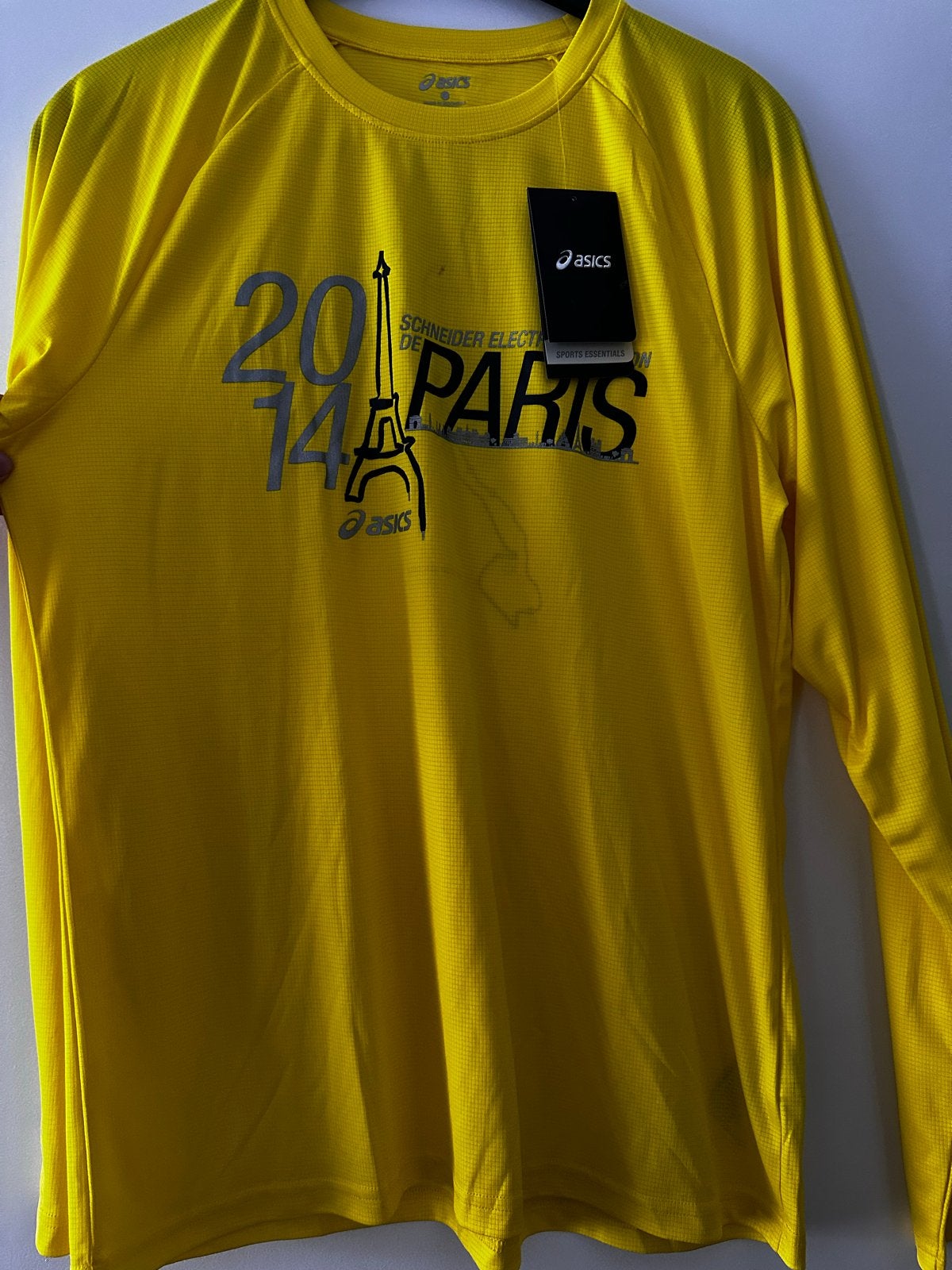 Asics Paris Marathon 2014 hardloopshirt - Maat L, Kleding | Heren, Maat 52/54 (L), Geel, Nieuw, Ophalen of Verzenden