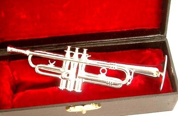 Miniatuur trompet met koffer, zilverkleurig, 11 cm, Niet ingevuld, Niet ingevuld, Nieuw, Ophalen of Verzenden