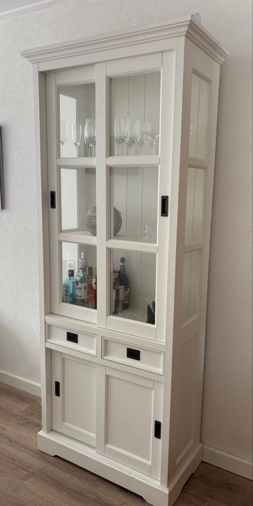 Witte vitrinekast met glazen schuifdeuren en lades, Huis en Inrichting, Ophalen, Gebruikt, 50 tot 100 cm, Landelijk