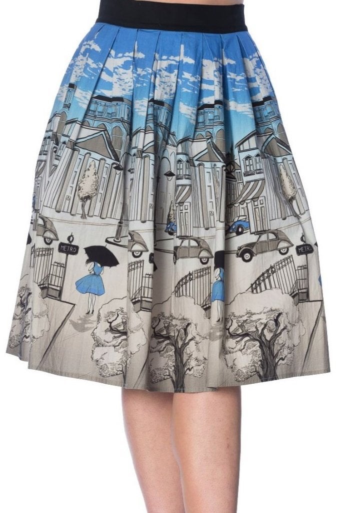 Vintage-stijl rok met Parijse stadsprint, Kleding | Dames, Rokken, Nieuw, Maat 36 (S), Blauw, Knielengte, Verzenden