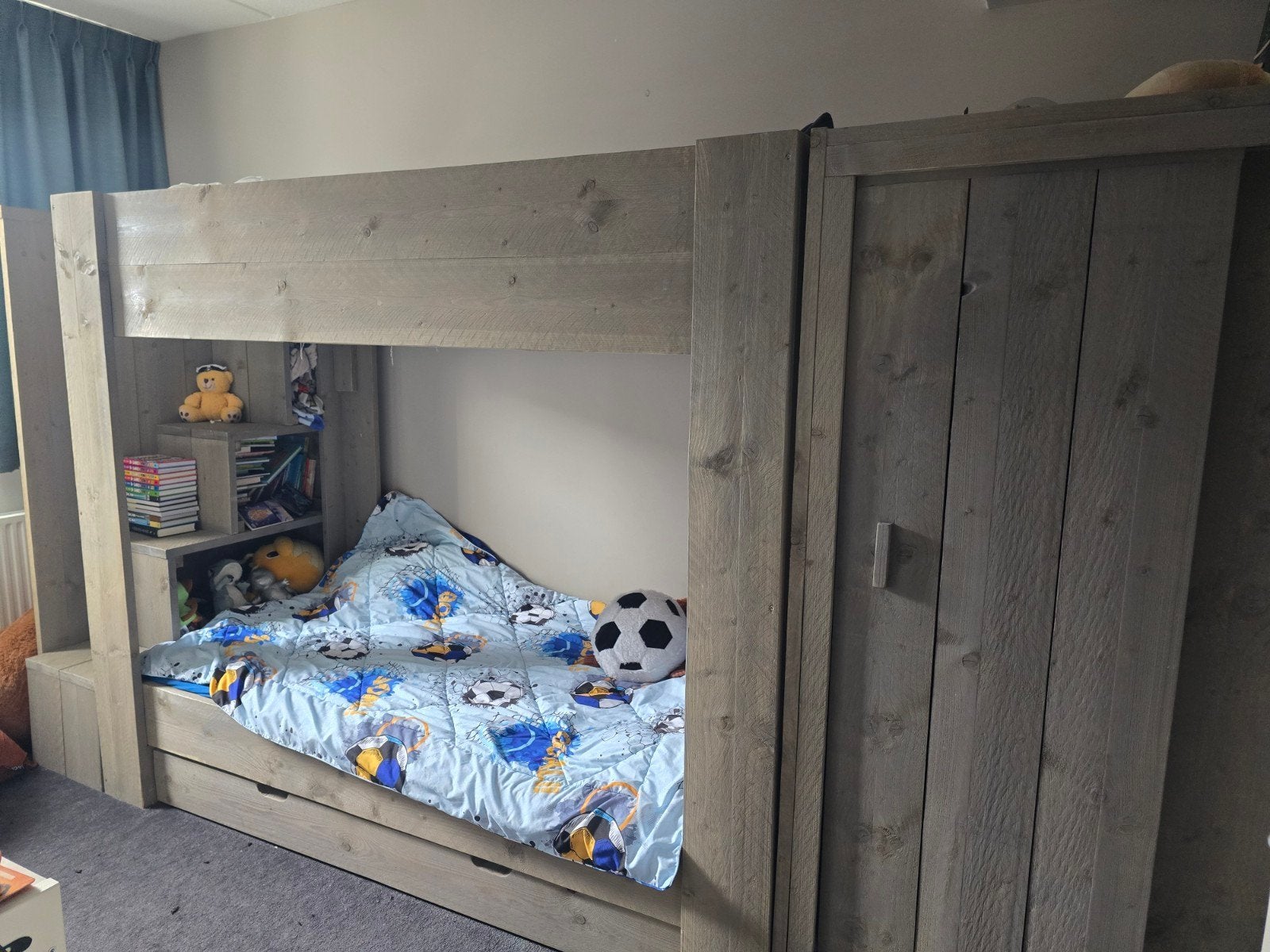 Van London Stapelbed met Bedlade, Kast en Zijtrap met Vakken, Ophalen, Tweepersoons, Stapelbed