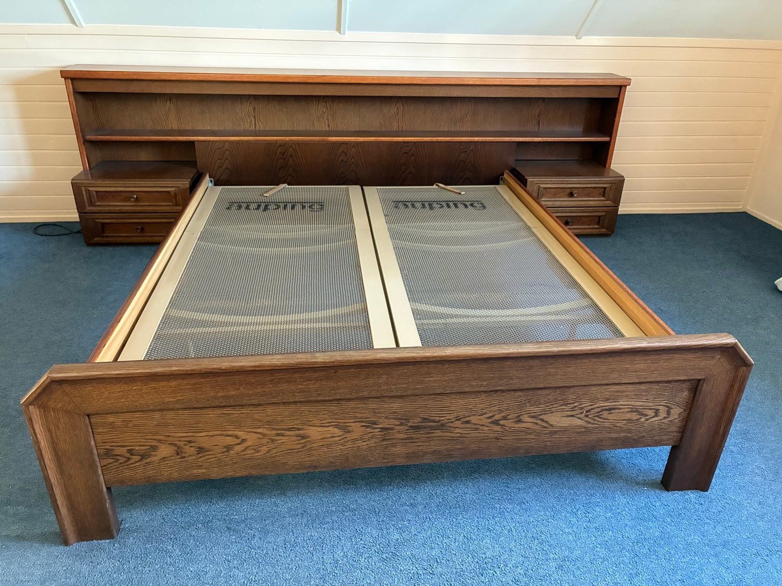 Tweepersoons massief donker eiken bed met Auping bodems, Ophalen, Gebruikt, Bruin, Tweepersoons