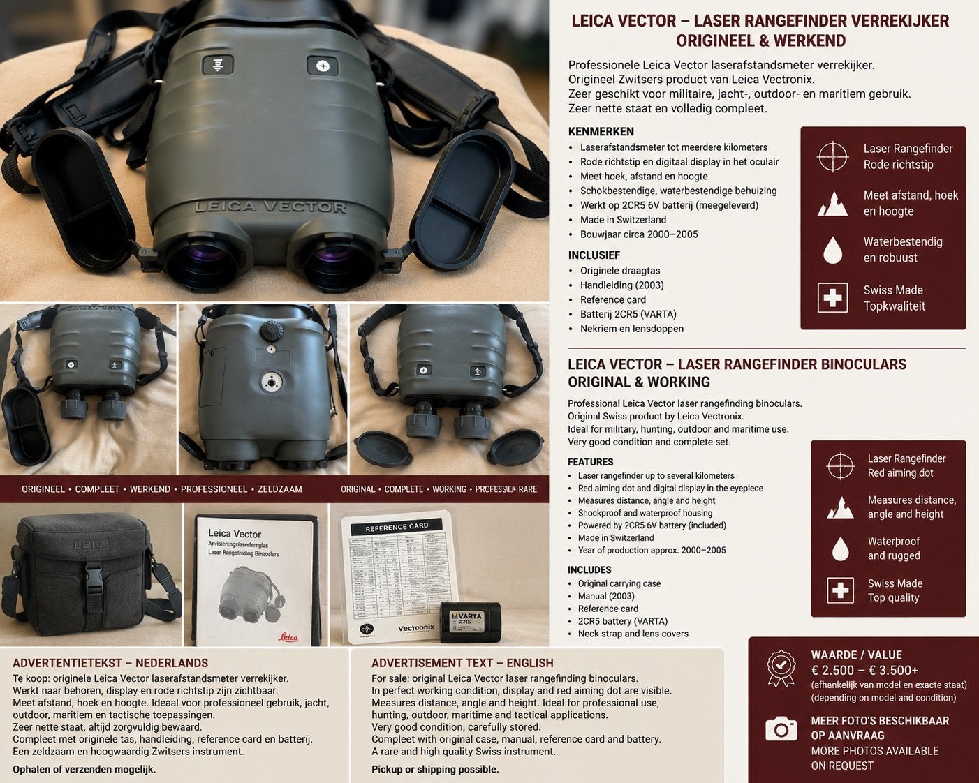 Leica Vector Laser Rangefinder Verrekijker - Origineel Zwits, Ophalen, Overige typen, Zo goed als nieuw, 8 tot 12x