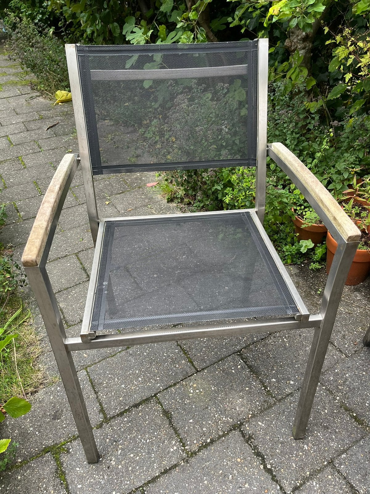 Tuinstoelen RVS met teakhouten leuningen, stapelbaar, Ophalen, Gebruikt, Rvs, Stapelbaar