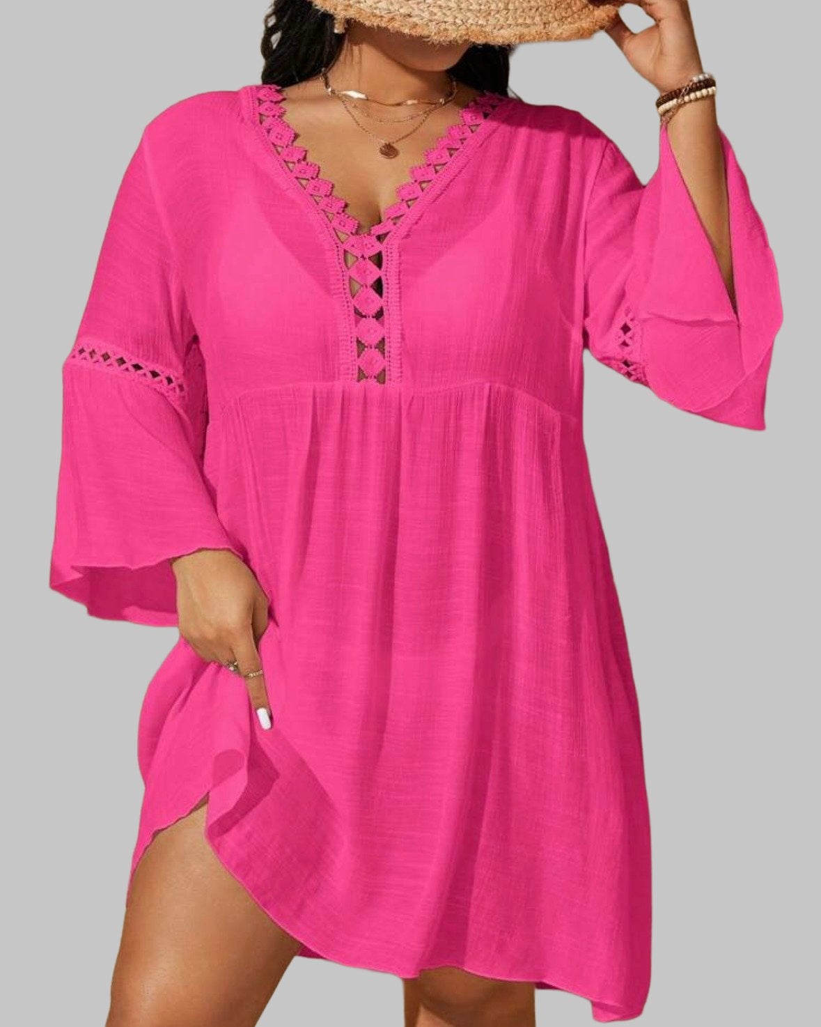 Roze strandjurk met kanten details (44-54), Kleding | Dames, Grote Maten, Verzenden, Nieuw, Roze, Lingerie of Zwemkleding