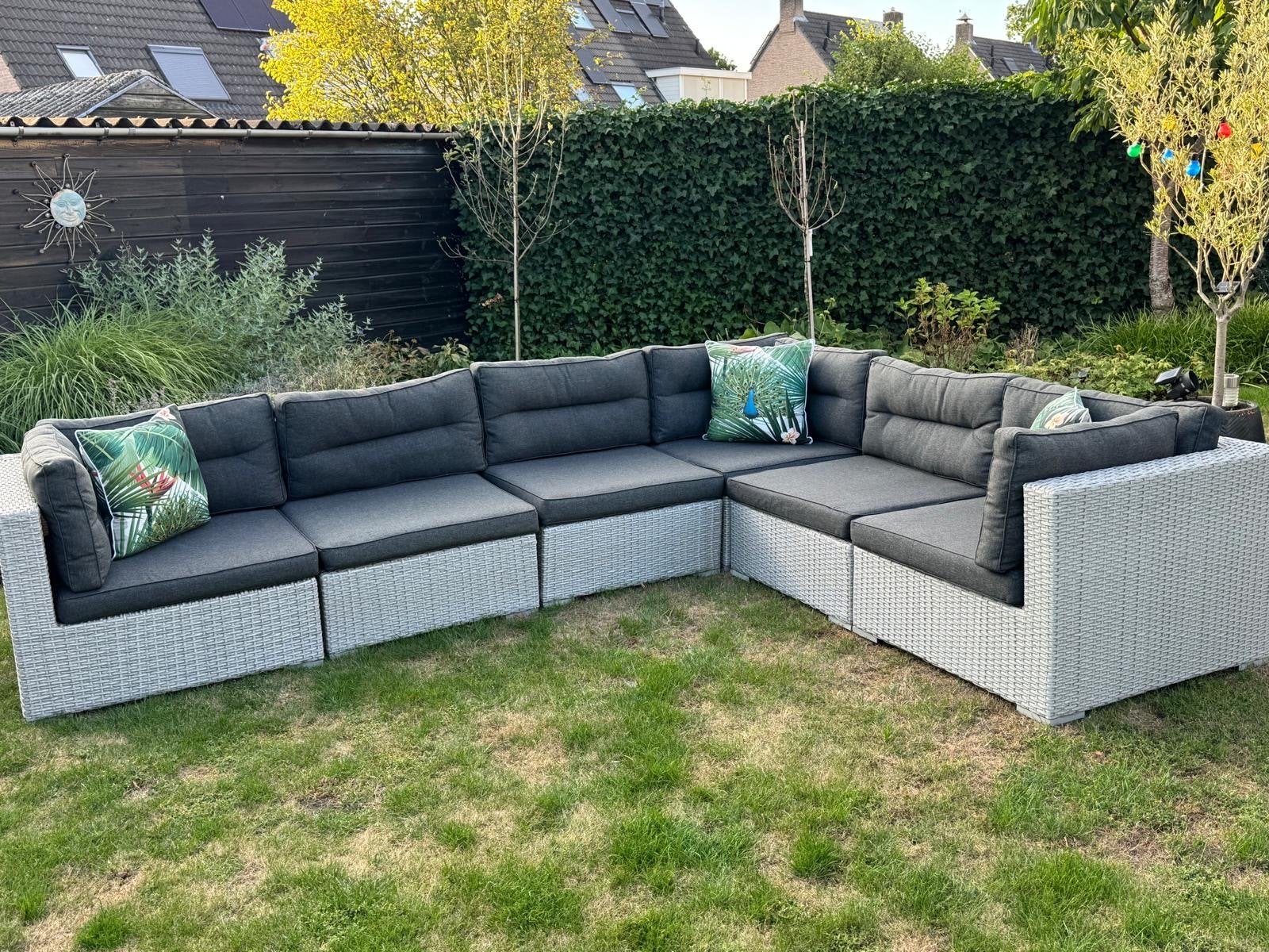 Loungebank Wicker Grijs - Hoekbank Tuin, Ophalen, Gebruikt, Meer dan 8 zitplaatsen, Loungeset