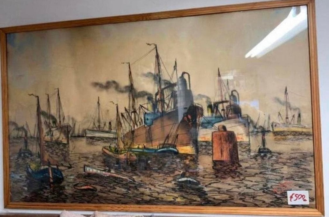 Schilderij Krijt tekening Willem Bos haven gezicht Rotterdam, Antiek en Kunst, Kunst | Schilderijen | Klassiek, Ophalen of Verzenden