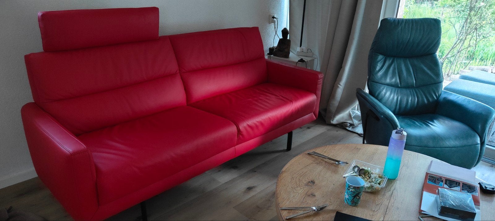 Prachtige rood leren Prominent 3 zits bank, Ophalen, Zo goed als nieuw, 75 tot 100 cm, Tweepersoons