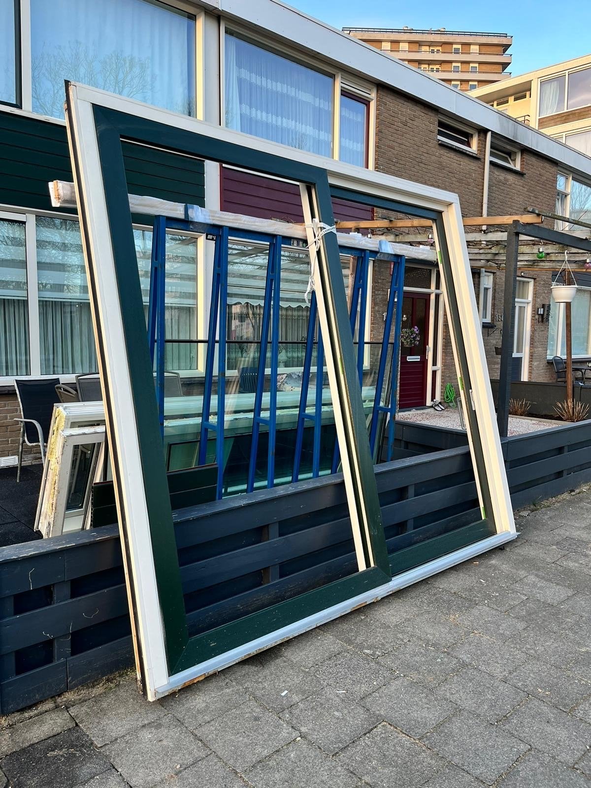 Schuifpui + deur met zij en bovenraam, Ophalen, Kunststof, Gebruikt, 225 cm of meer