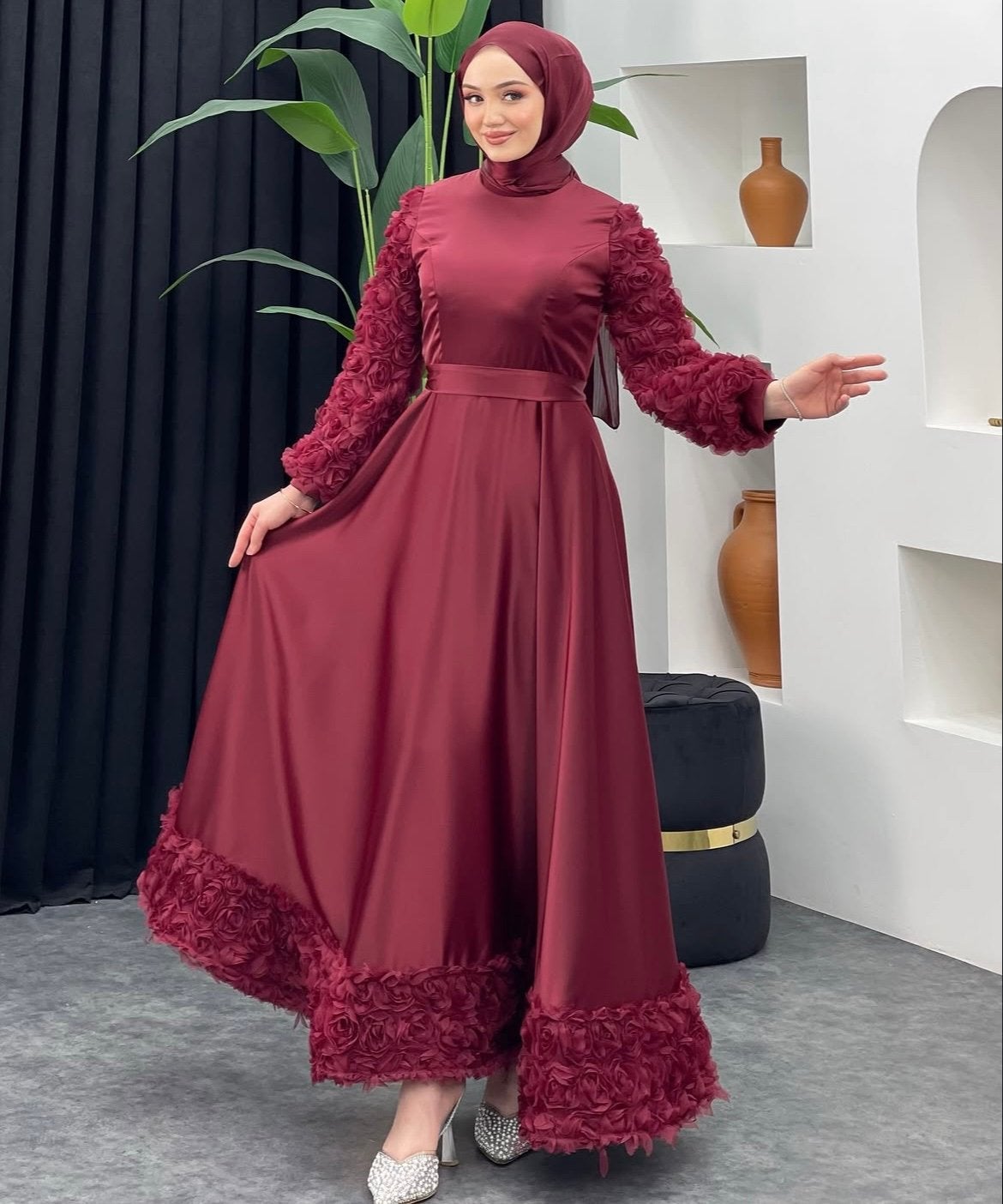 Abaya Maxi Jurk Bordeaux met 3D Bloemen | Maat S, Ophalen of Verzenden, Zo goed als nieuw, Maat 36 (S), Rood
