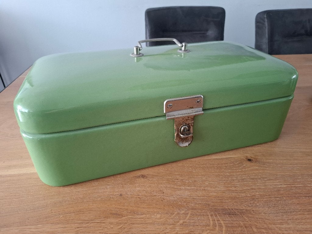 Vintage groen emaille broodtrommel, Ophalen