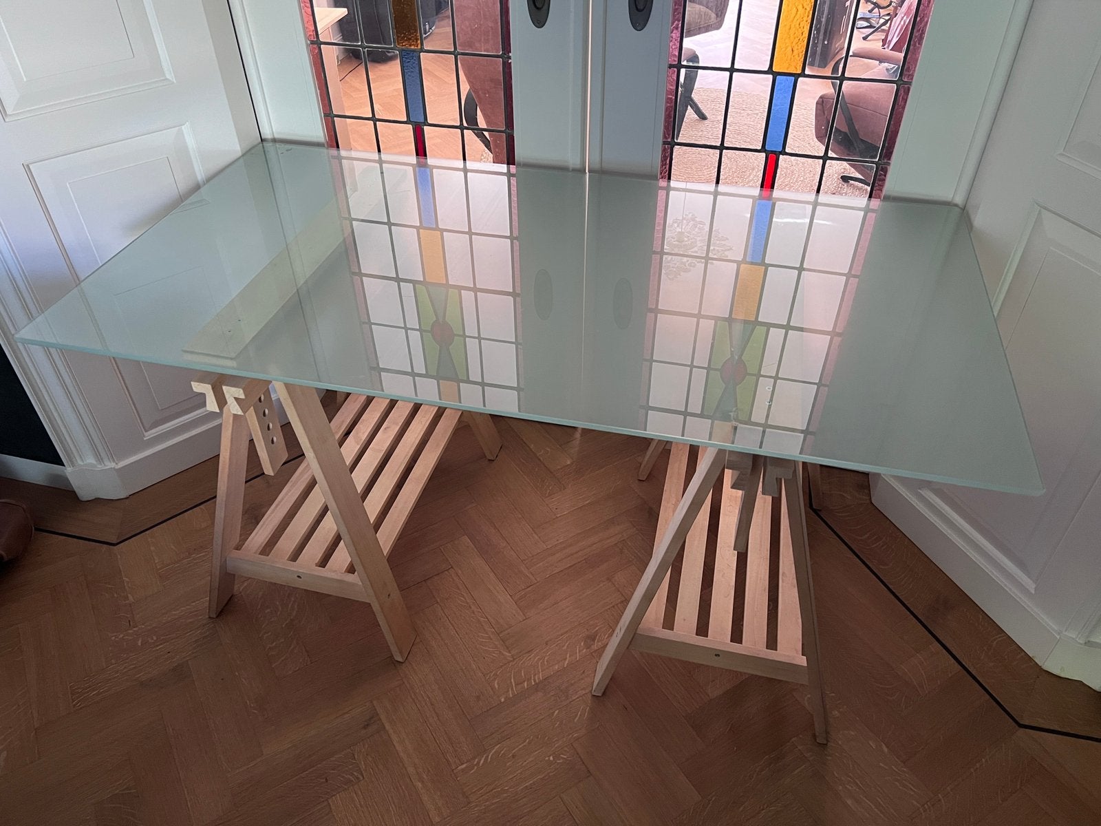 IKEA matglas bureaublad met houten schragen 80x150 cm, Ophalen, Gebruikt