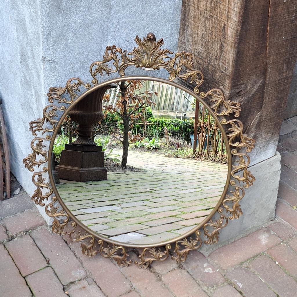 Oude brocante ronde spiegel met koperen lijst ø54cm *Etage3*, Ophalen, Gebruikt, ., .