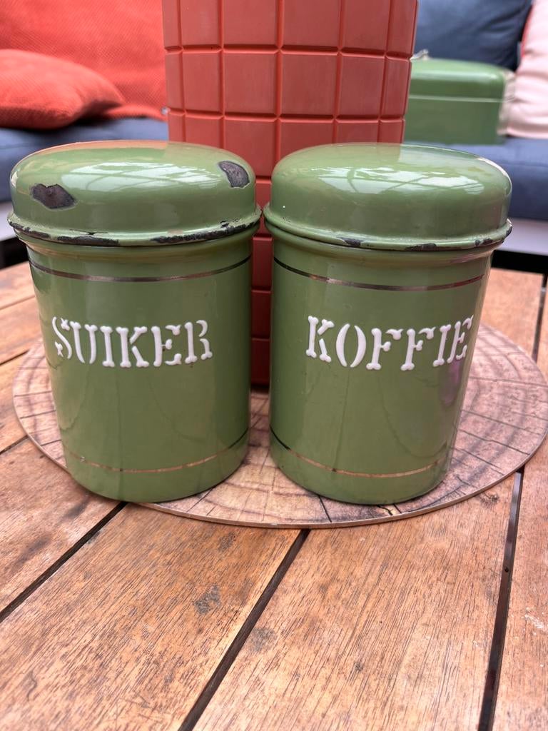 Koffie en suiker bus antiek emaille, Antiek en Kunst, Ophalen