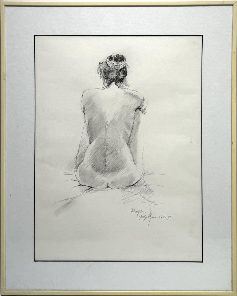 316. Potloodtekening - achterzijde zittende naakte vrouw, Antiek en Kunst, Ophalen of Verzenden