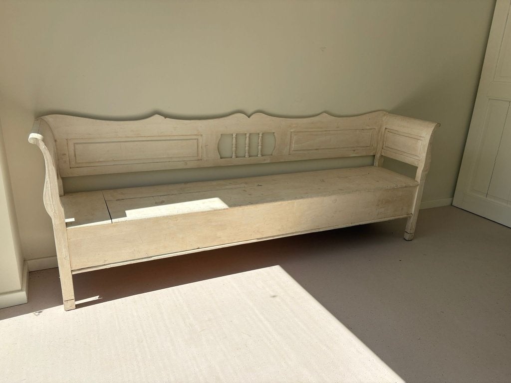 Originele landelijke vintage klepbank 250 cm wit/grenen, Ophalen