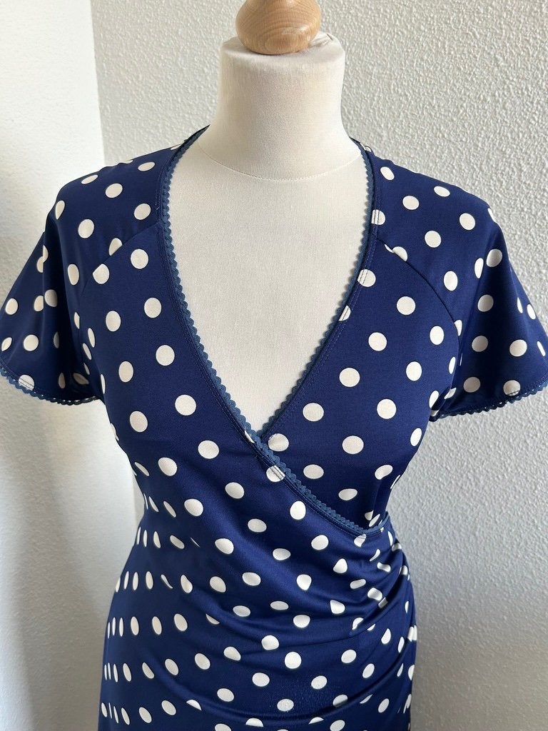 King Louie maat L polka blauw witte crossdress jurk 3140, Blauw, Maat 42/44 (L), Ophalen of Verzenden, Zo goed als nieuw