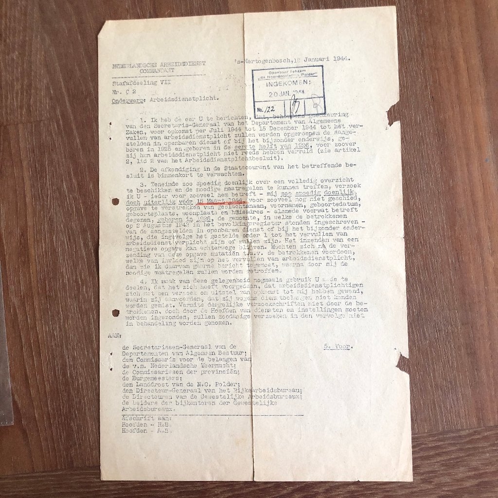 's-Hertogenbosch 18-1-1944. Ned. Arbeidsdienst Opperarbeids-, Verzenden, Nederland, Overige typen