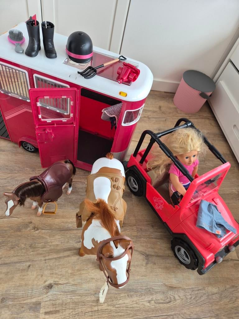 Paardentrailer, jeep, paarden en pop speelset, Ophalen of Verzenden, Gebruikt, Meisje