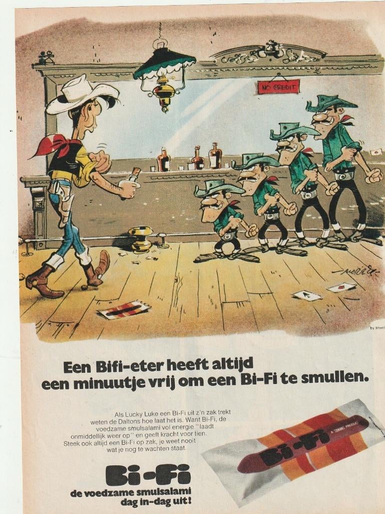 Retro reclame 1979 Bi-Fi worstjes Lucky Luke stripfiguur, Verzenden, Overige typen