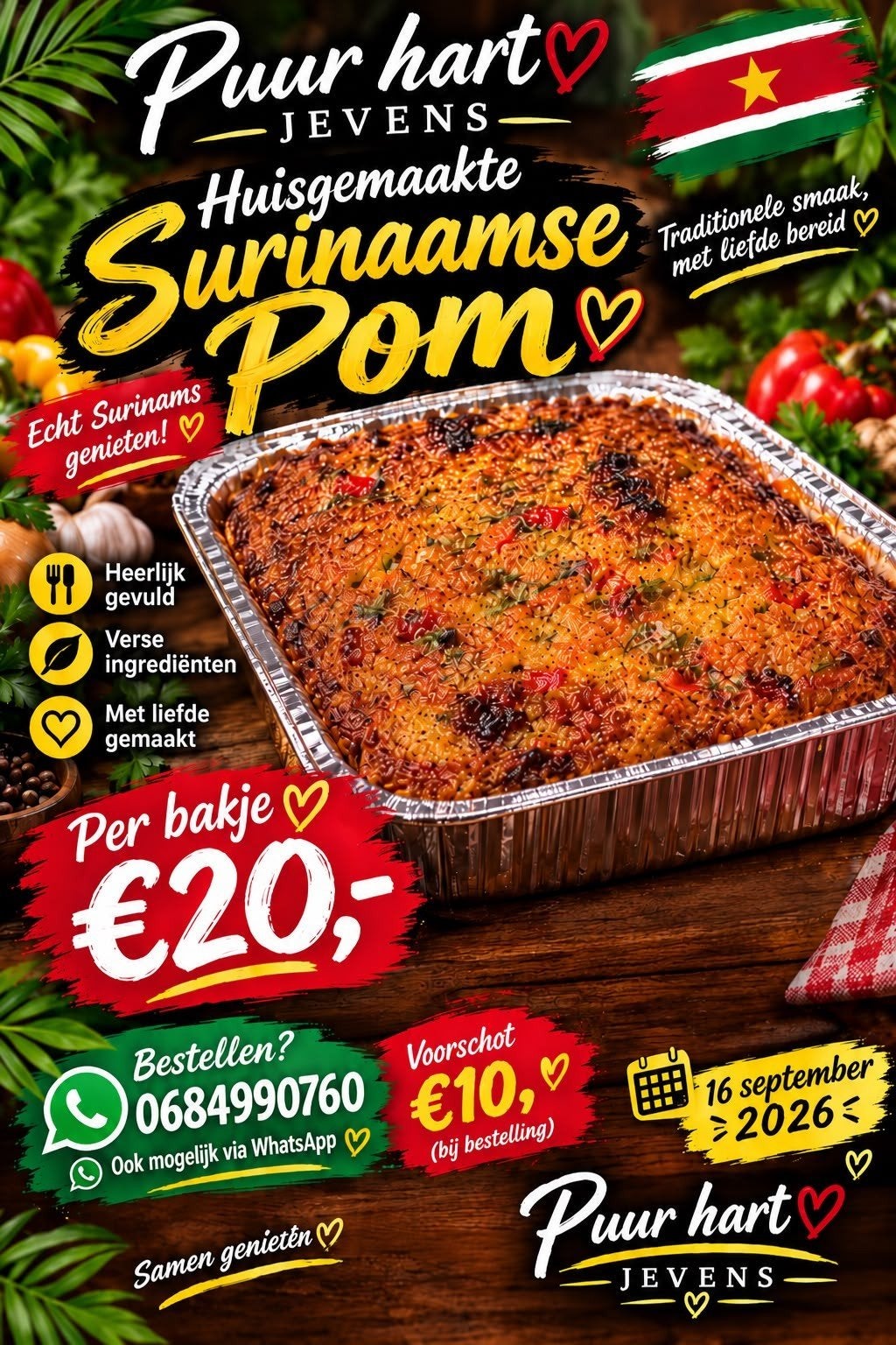 heerlijk surinaamse pom tekoop, Tickets en Kaartjes, Eén persoon, Meerdaags
