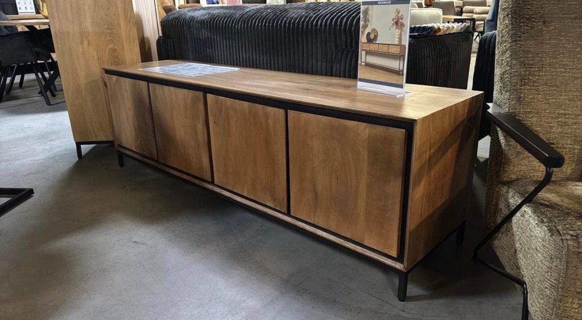 Tv meubel (185 cm breed) mangohout, Ophalen, Zo goed als nieuw, 25 tot 50 cm, 150 tot 200 cm