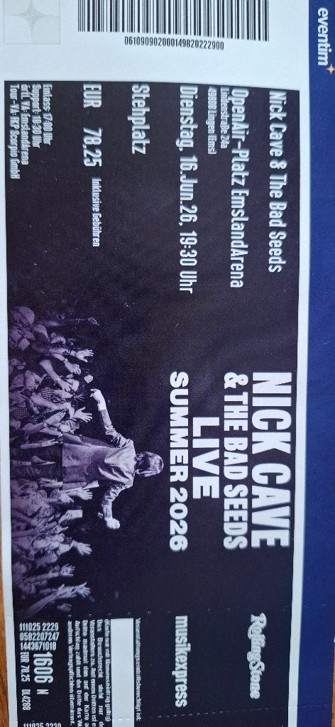 Nick Cave: concert ticket, Tickets en Kaartjes, Concerten | Overige, Eén persoon, Juni