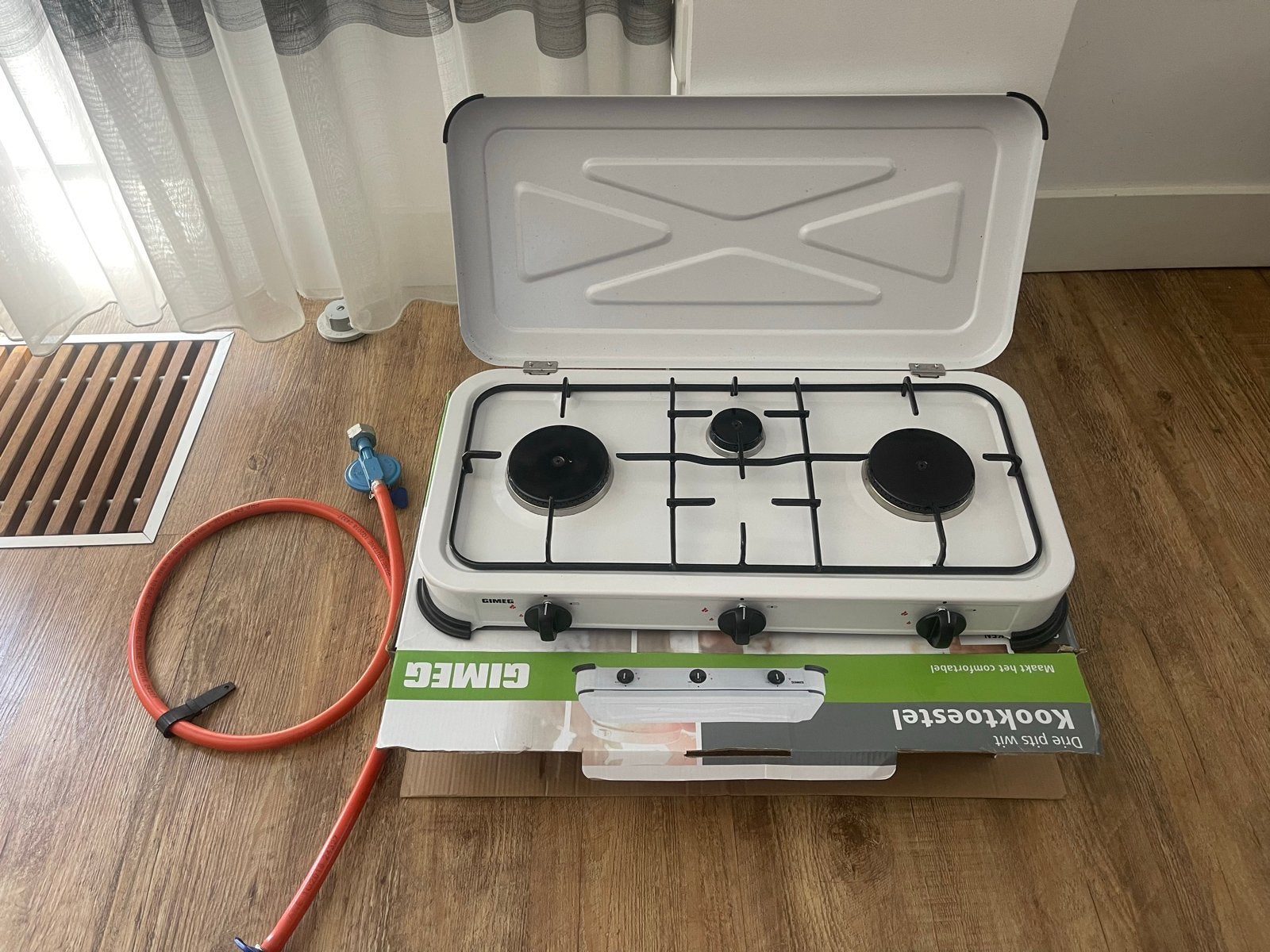 Gimeg 3-pits gas kooktoestel met slang en drukregelaar, Caravans en Kamperen, Ophalen, Gebruikt