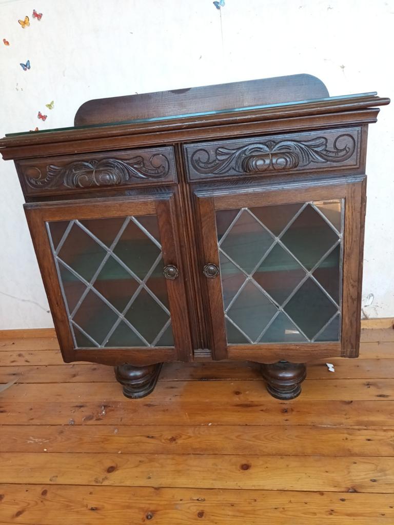 Antiek Vintage Theekastje met Glas-in-lood en Glasplaat, Antiek en Kunst, Antiek | Meubels | Kasten, Ophalen of Verzenden