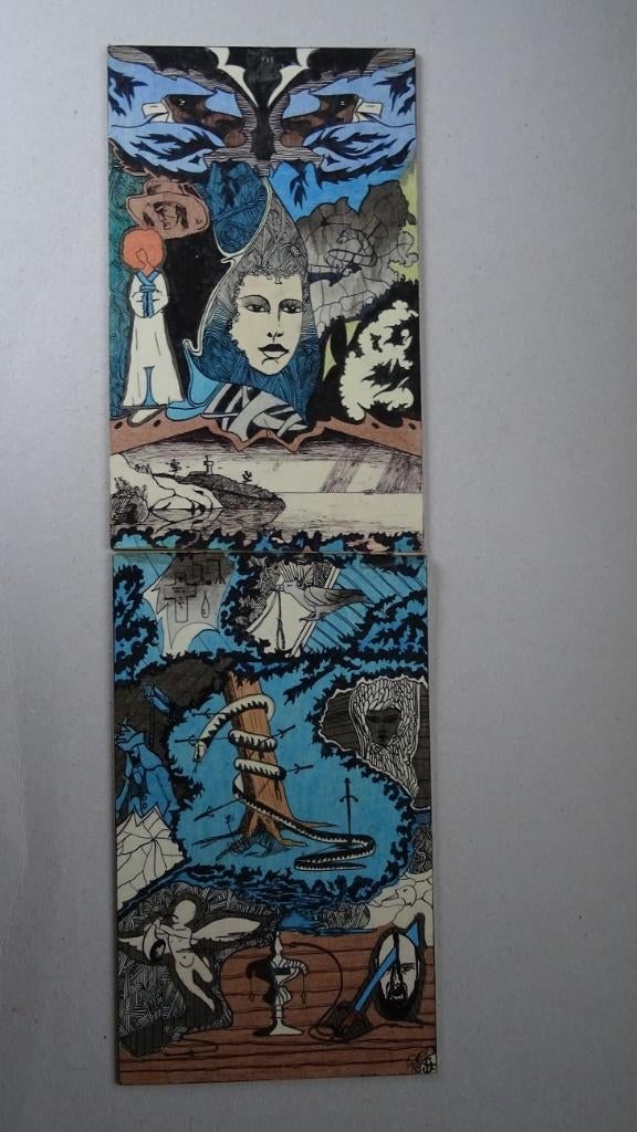 2 geplastificeerde originele tekeningen van Frits Dang,1970, Ophalen of Verzenden