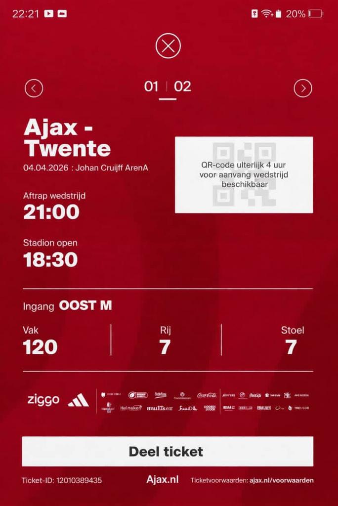 3x Ajax vs Twente Tickets | Vak 120 Rij 7 | €50 p.p, Losse kaart, Drie personen of meer, April, Europa of Champions League