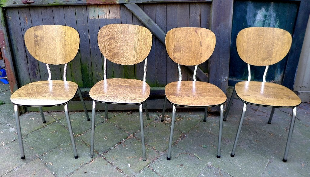 Mooi set van 4 vintage retro formica stoelen, Gebruikt, Bruin, Onbekend, Ophalen of Verzenden