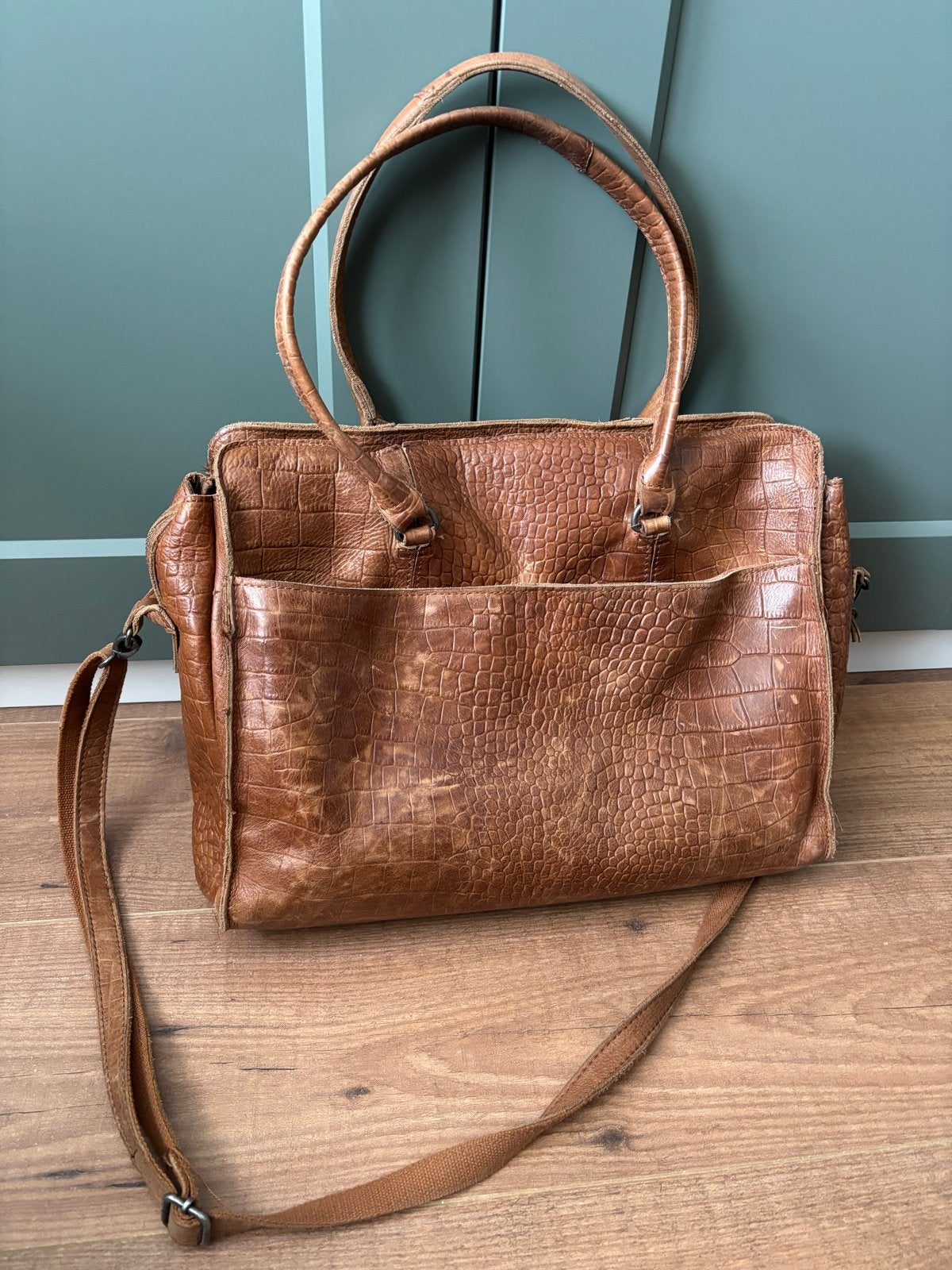 Manfield Leren Handtas met Krokodillenprint, Ophalen of Verzenden, Gebruikt, Bruin, Handtas