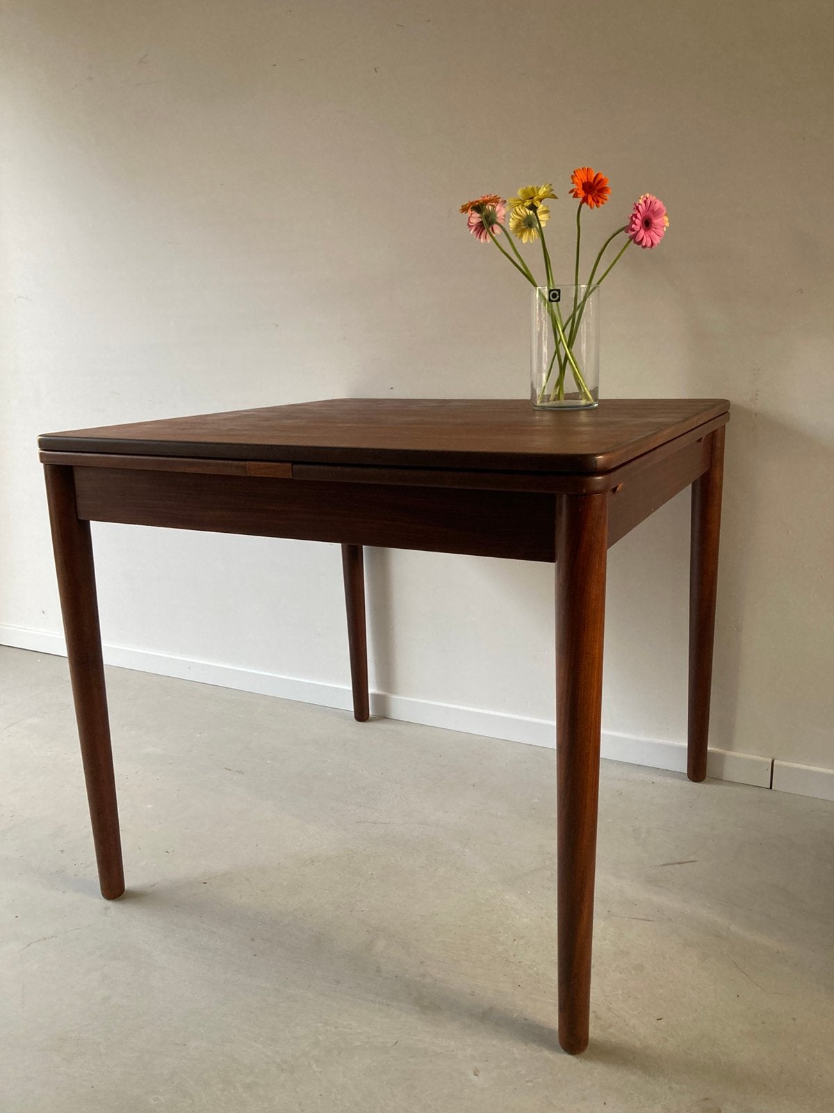 Midcentury vintage teak eettafel vierkant uitschuifbaar, Ophalen, Gebruikt, 100 tot 150 cm, 50 tot 100 cm