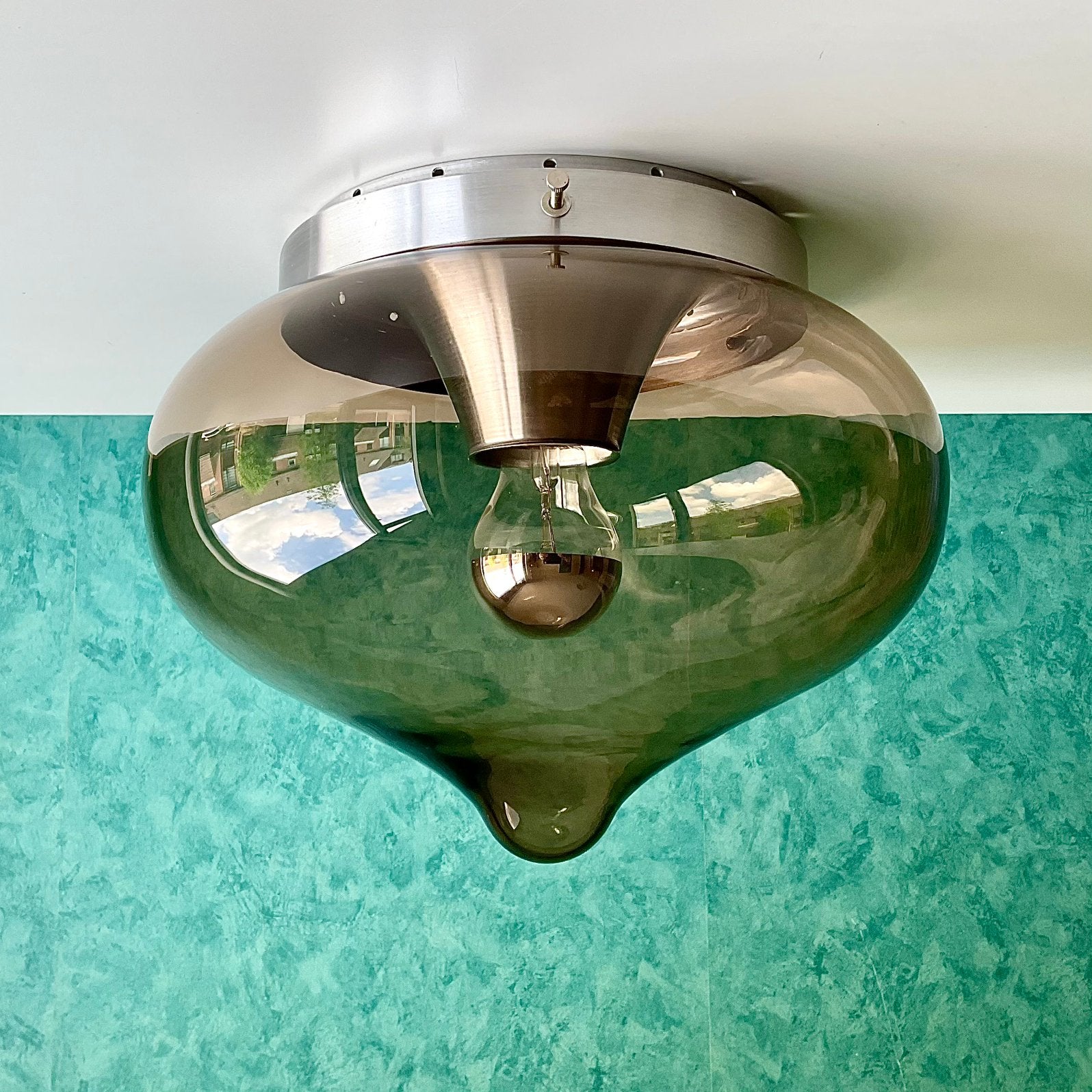 Vintage 60’s Dijkstra Rookglazen Druppel Plafonnière Ø 30 CM, Gebruikt, Plafondlamp, Glas, 30 cm