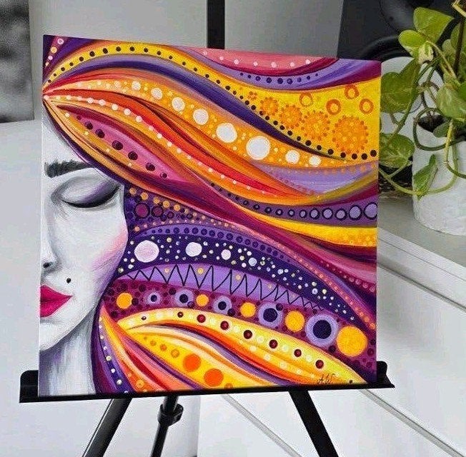Handgeschilderd schilderij – Kleurrijke vrouw – 40x40 cm, Ophalen, Abstract, Acrylverf, Gesigneerd