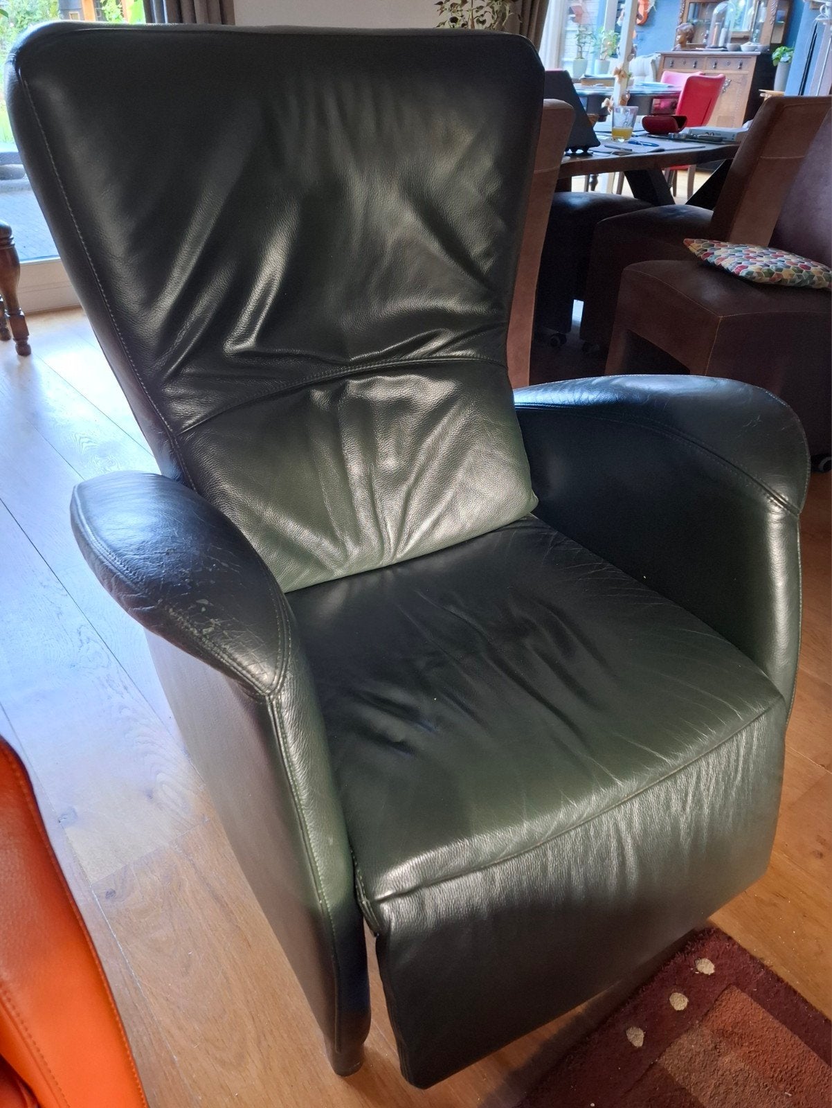 groen lederen fauteuil., Huis en Inrichting, Ophalen, Gebruikt, Leer, Gemakkelijke stoel