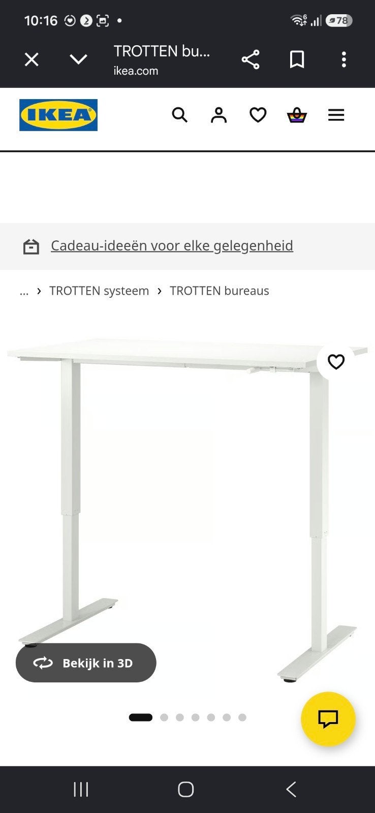 IKEA TROTTEN Zit-sta bureau wit 120x70 cm, Ophalen, Zit-sta bureau, Metaal, In hoogte verstelbaar