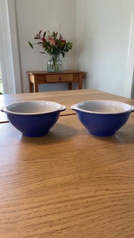 Emile Henry blauwe cereal/soep/fruitkommen, Ophalen of Verzenden, Zo goed als nieuw, Steen/keramiek, Blauw