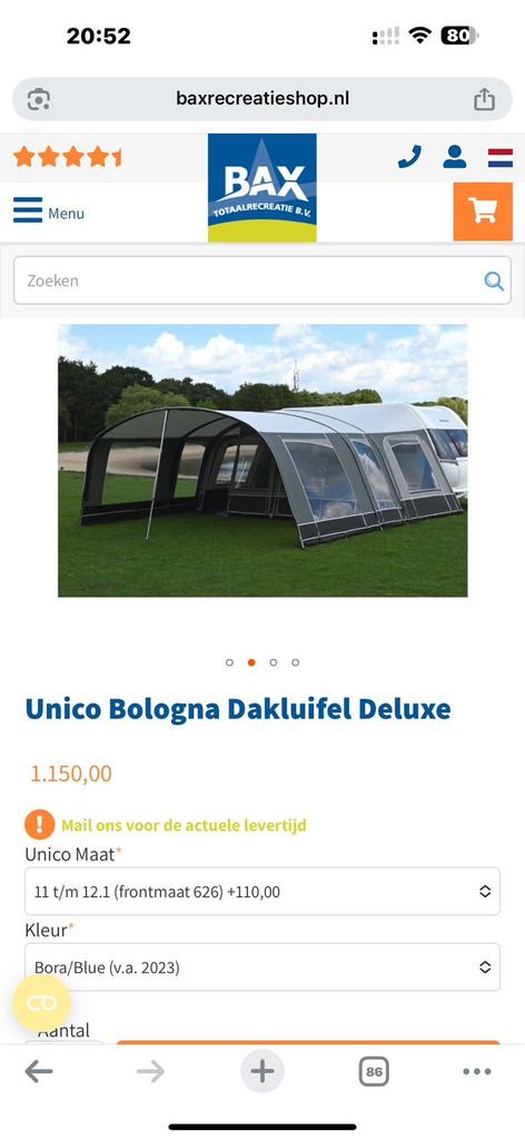 Prachtige Unico Bologna Bora-Blue Luifel Deluxe Maat 12.1, Ophalen of Verzenden, Zo goed als nieuw