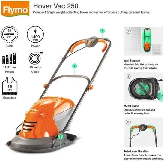 Flymo Hover Vac 250 Zweef - Grasmaaier - 1400W, Ophalen of Verzenden, Nieuw, 20 m² of meer, Gras