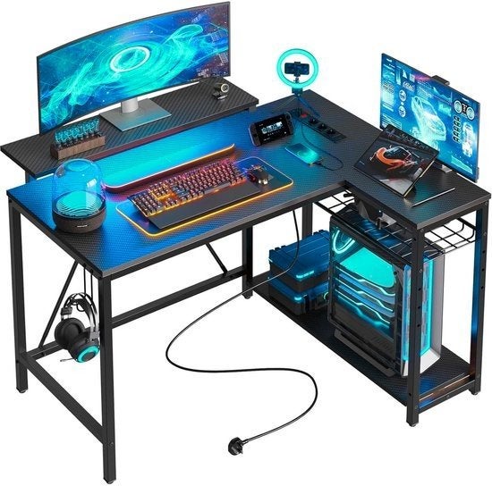 Five Stars Black Gaming Desk with LED Lighting -107x80x76cm, Ophalen, Zwart, Zo goed als nieuw, Met monitorsteun
