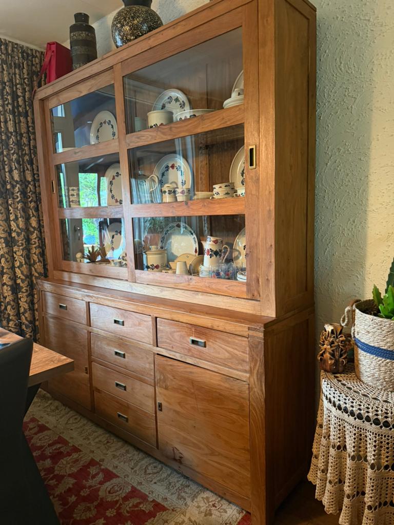 Buffet/vitrinekast - massief teakhout (antiek), Huis en Inrichting, Ophalen, Gebruikt, 150 tot 200 cm, Teakhout