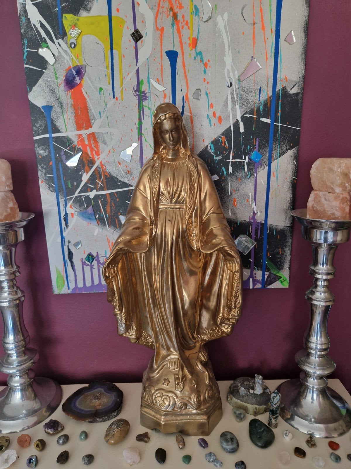 Goud gespoten Mariabeeld met barst, Antiek en Kunst, Ophalen