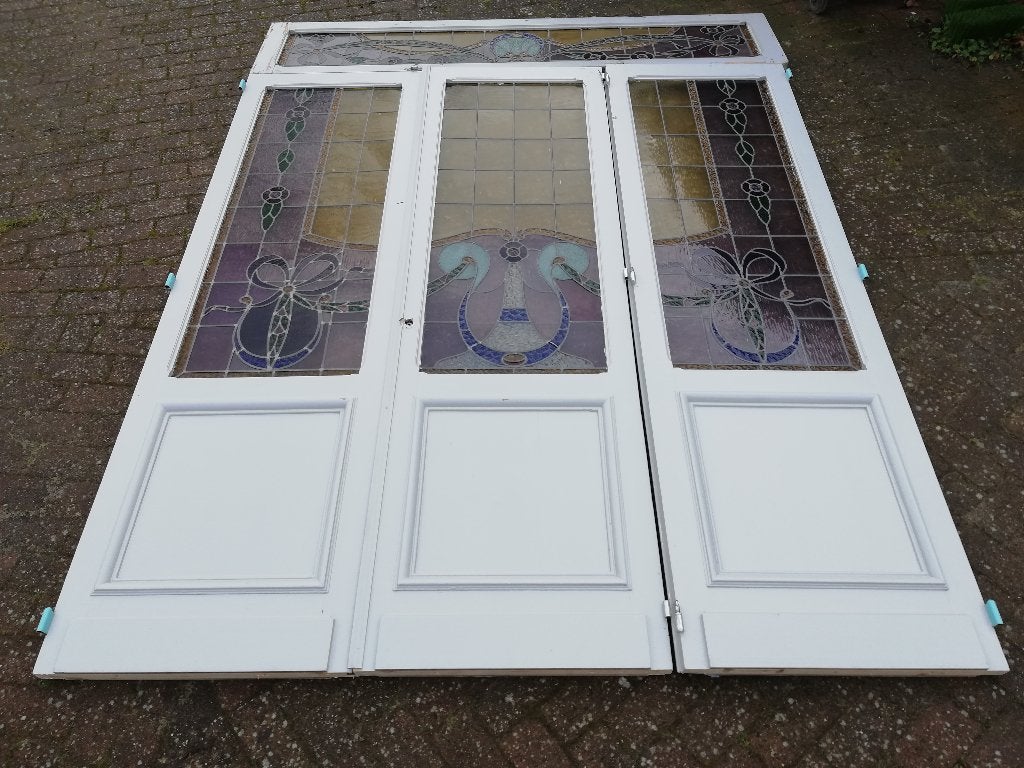 295 hoog 221/225,5 cm breed prachtige glas in lood deuren, Ophalen, Gebruikt, Binnendeur, Vouwdeur