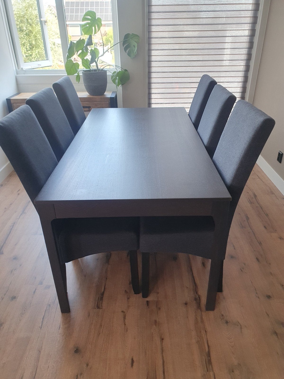 Uitschuifbare eettafel met 6 stoelen, Ophalen, Gebruikt, 50 tot 100 cm, 150 tot 200 cm