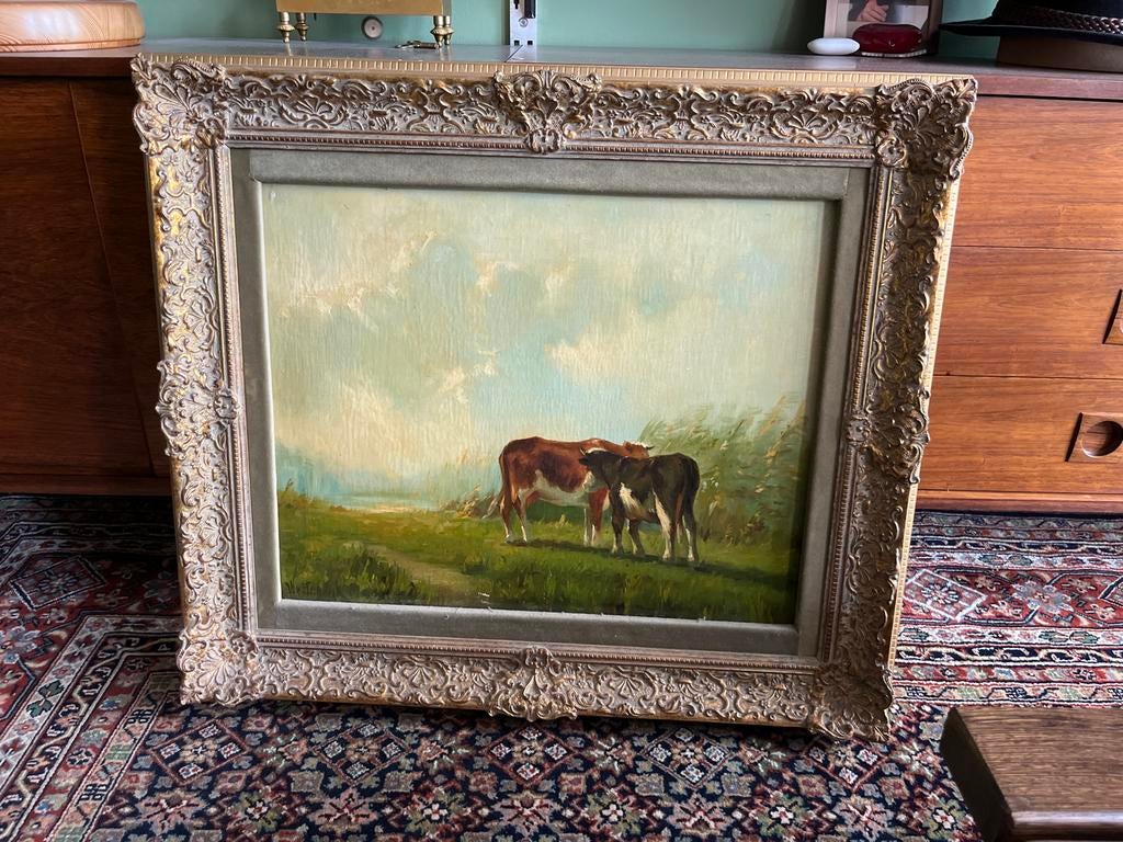 Olieverf schilderij van Cornelis Westerbeek - Koeien in land, Ophalen of Verzenden