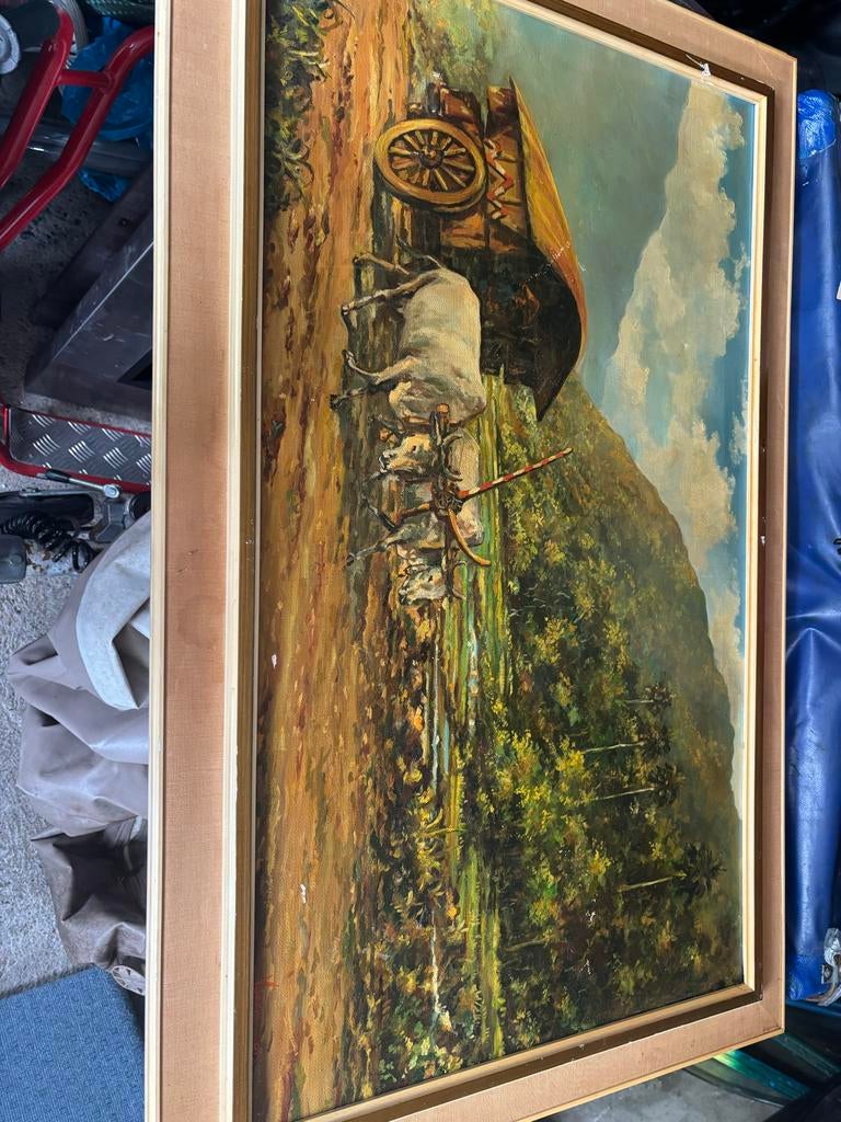 Oud schilderij met ossenkar en berglandschap, gesigneerd, Ophalen of Verzenden
