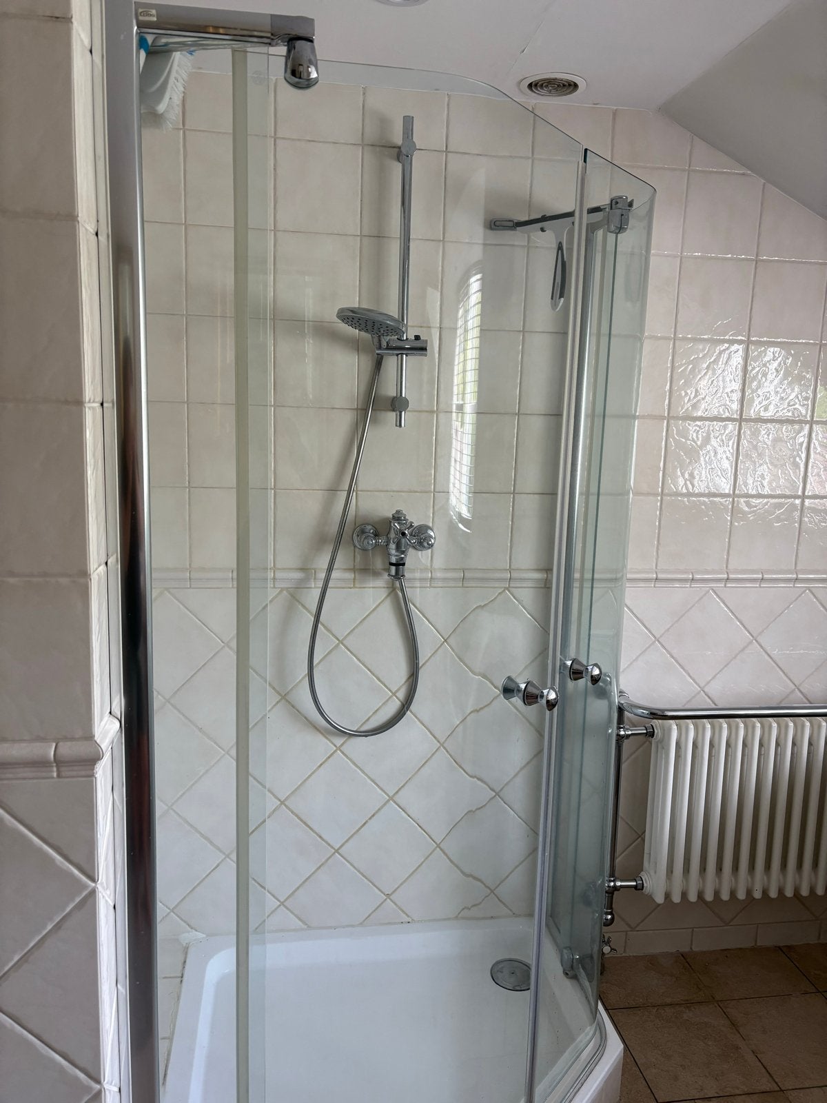 Douchedeuren met douchebak, gelaagd glas, 1x1m, Ophalen, Gebruikt, Met douche