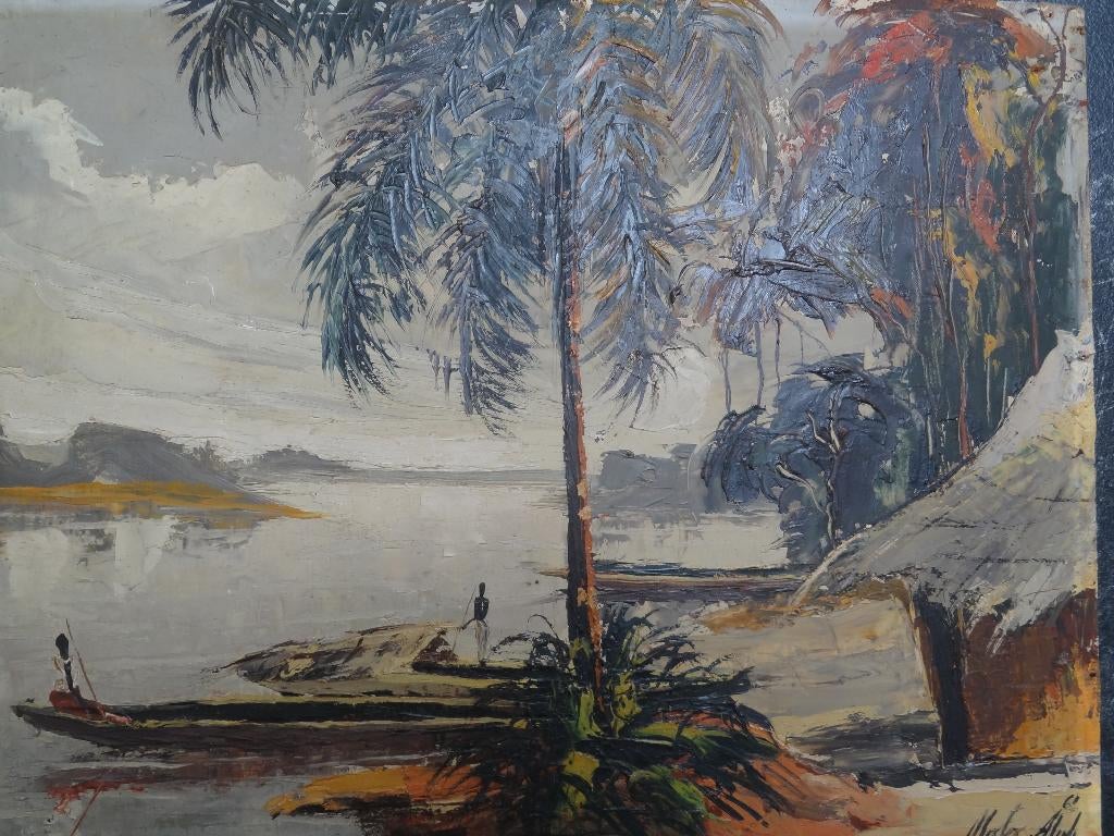 Schilderij rivier kano's bij hut Indonesië Molo Aljili 1961, Verzenden